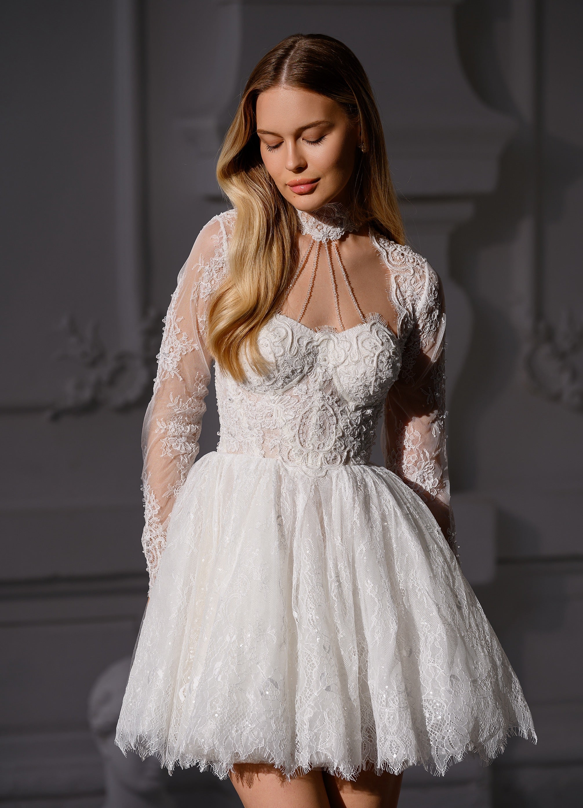 MARTINA MINI French Chantilly Lace Mini Dress with Crystal Corset & Choker