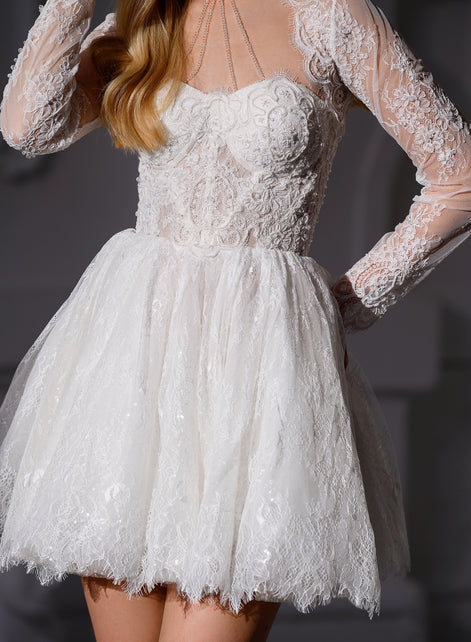 MARTINA MINI French Chantilly Lace Mini Dress with Crystal Corset & Choker