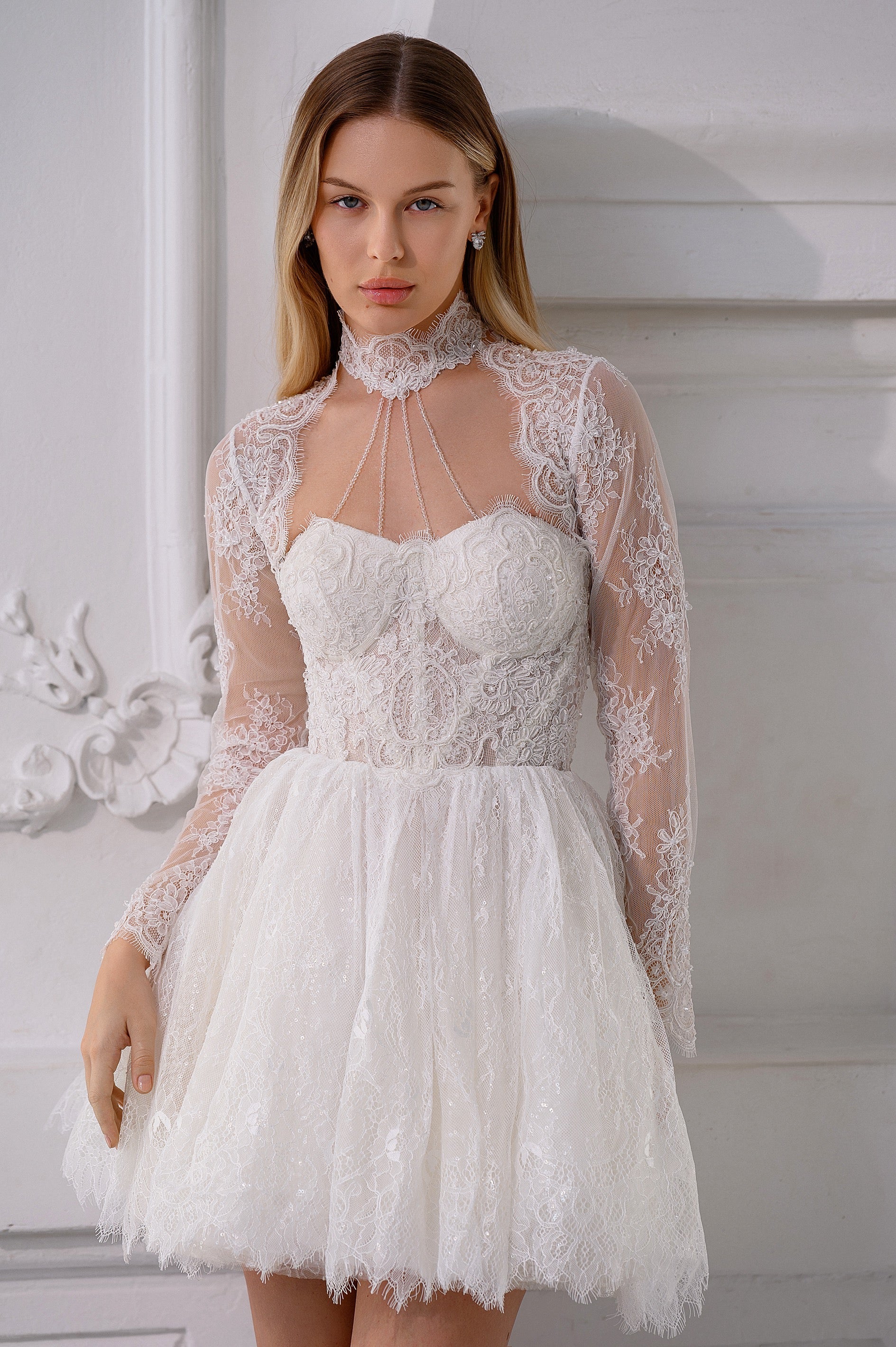 MARTINA MINI French Chantilly Lace Mini Dress with Crystal Corset & Choker