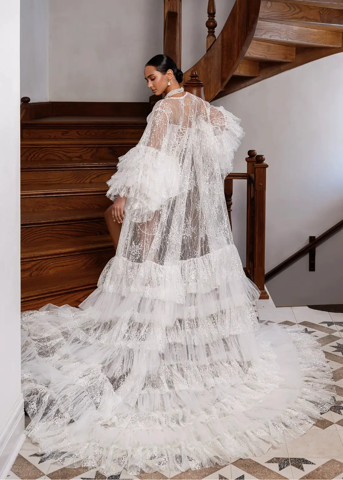 MELISA lace peignoir with long train