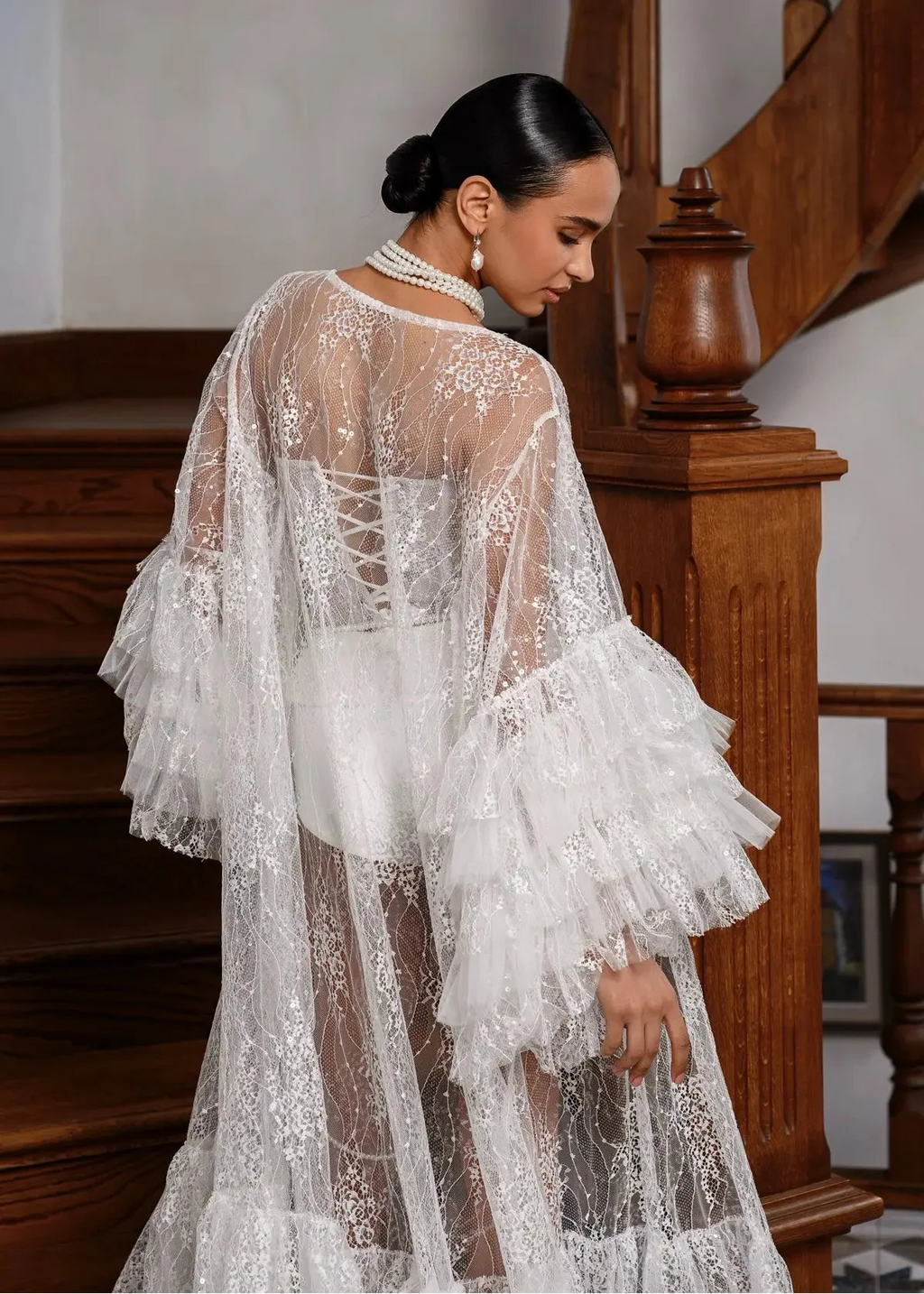 MELISA lace peignoir with long train