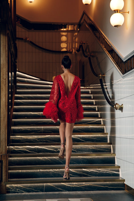 MILANA Cocktail Dress with Sequins and Feathers
