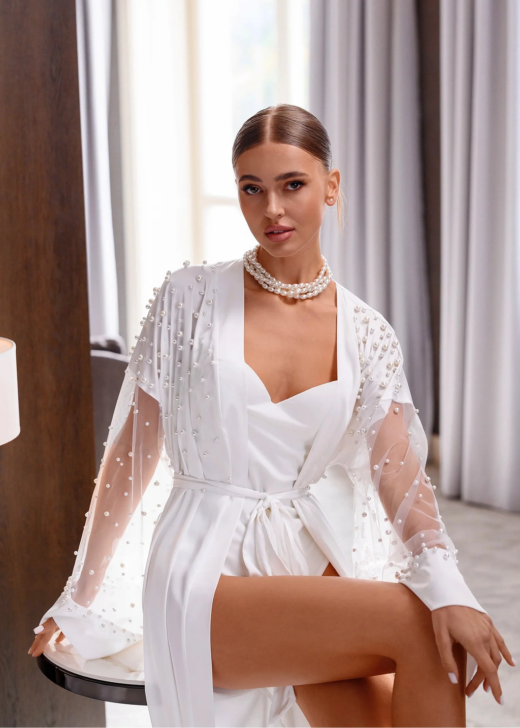 MILLA Bridal Silk Robe with Pearl at Sleeves