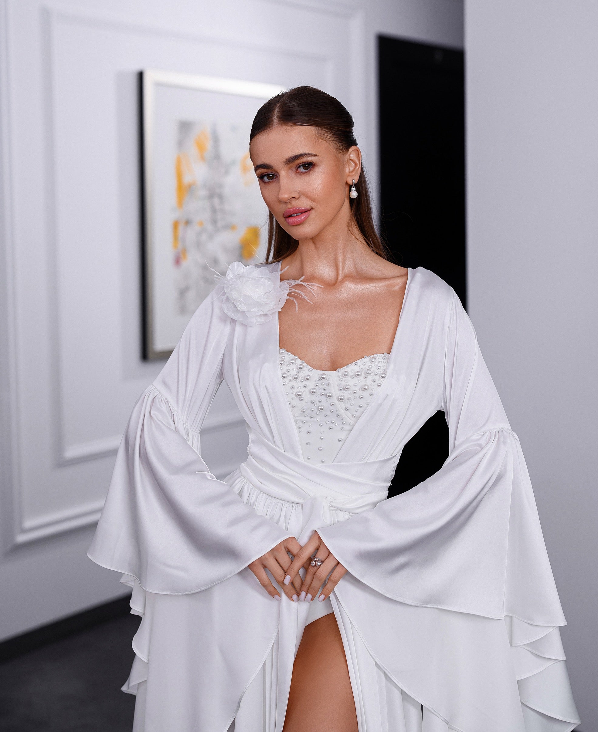 NAOMY Long Silk Bridal Robe with Train & Organza Flower