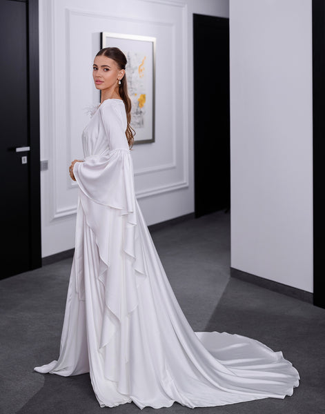 NAOMY Long Silk Bridal Robe with Train & Organza Flower