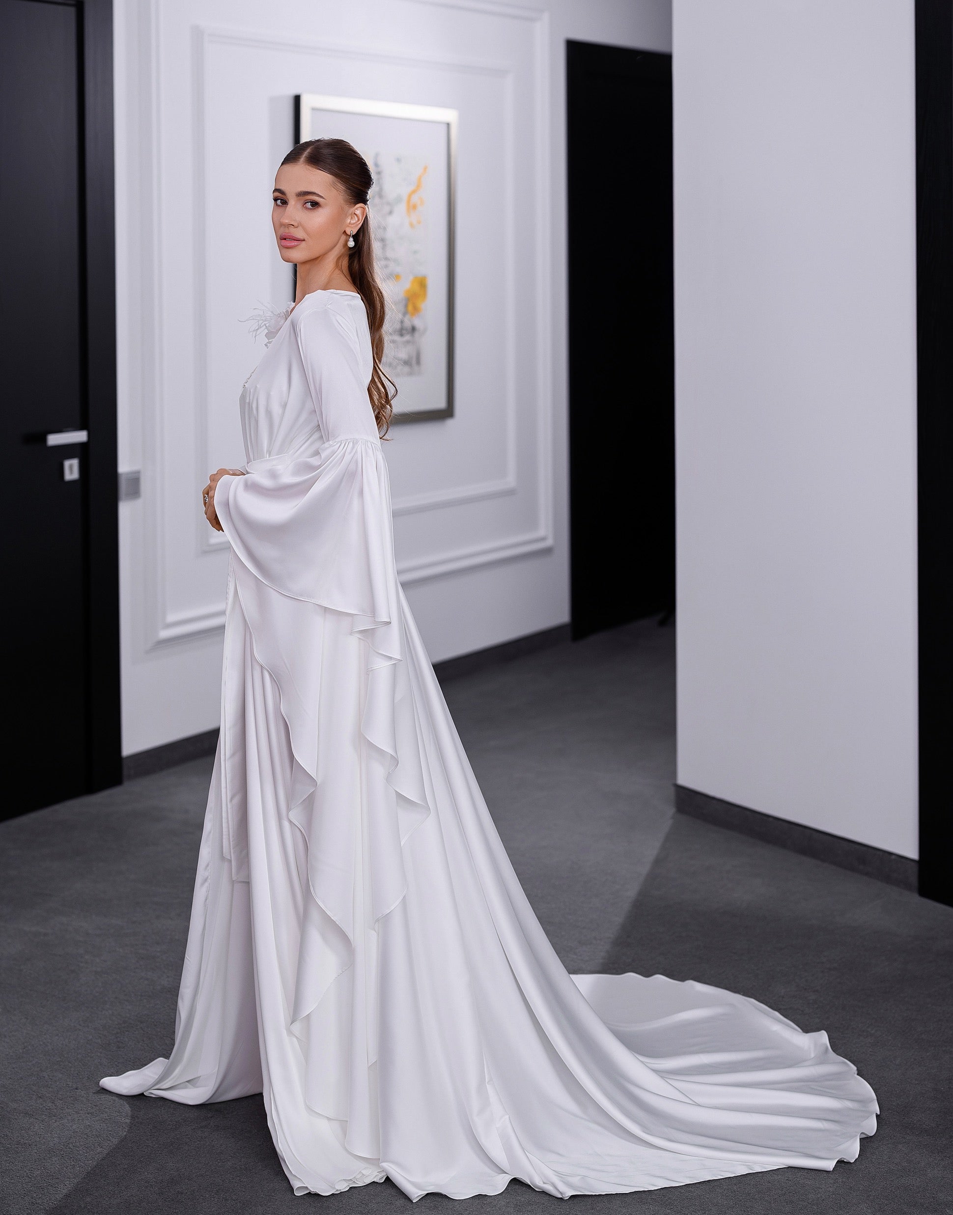 NAOMY Long Silk Bridal Robe with Train & Organza Flower