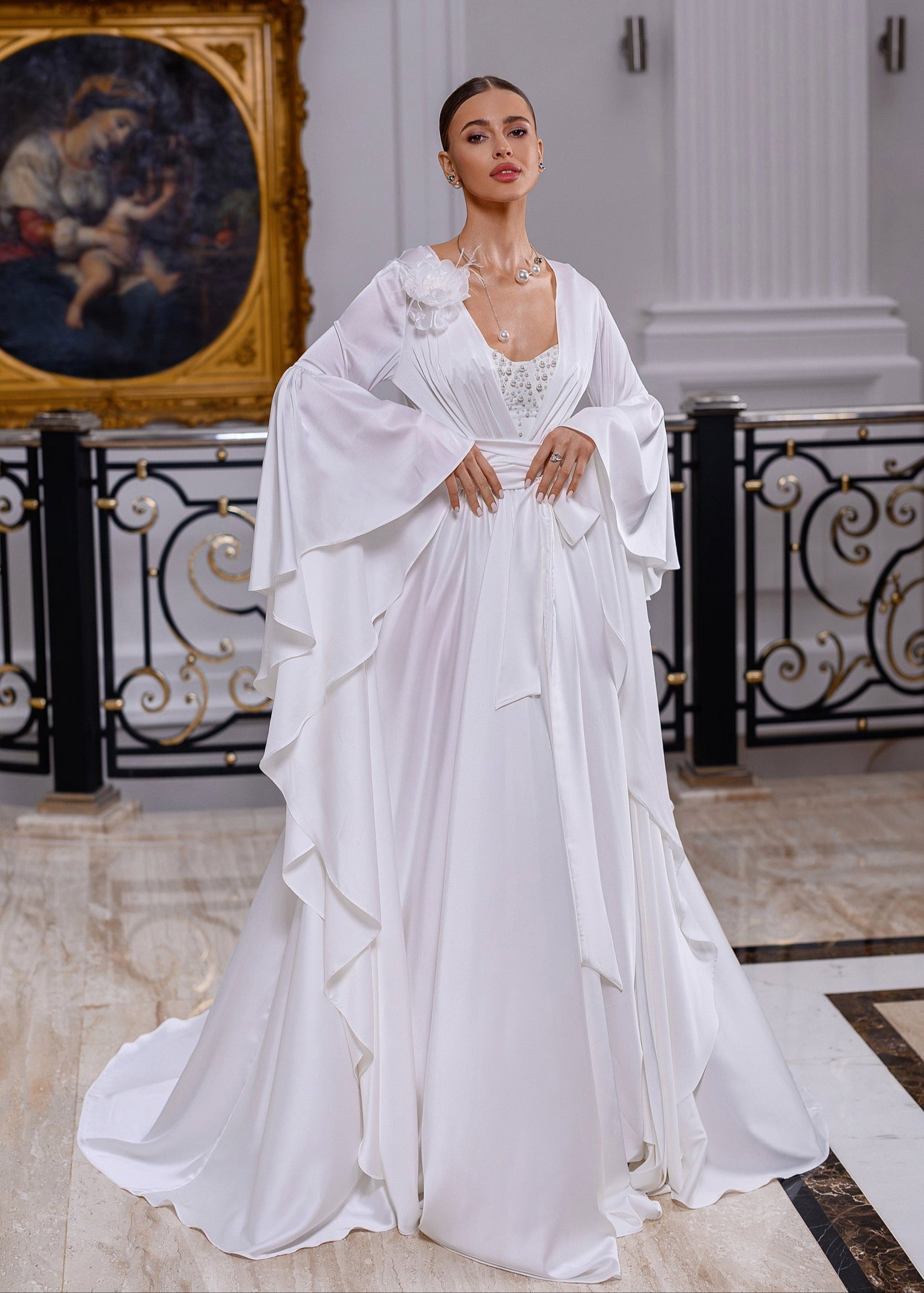 NAOMY Long Silk Bridal Robe with Train & Organza Flower