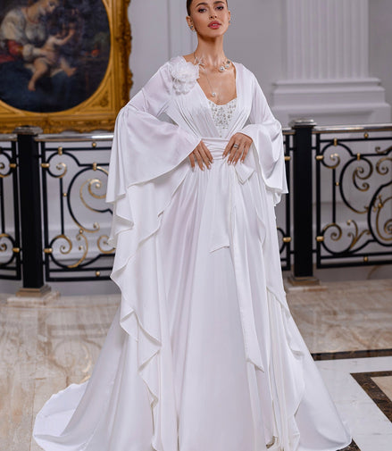 NAOMY Long Silk Bridal Robe with Train & Organza Flower