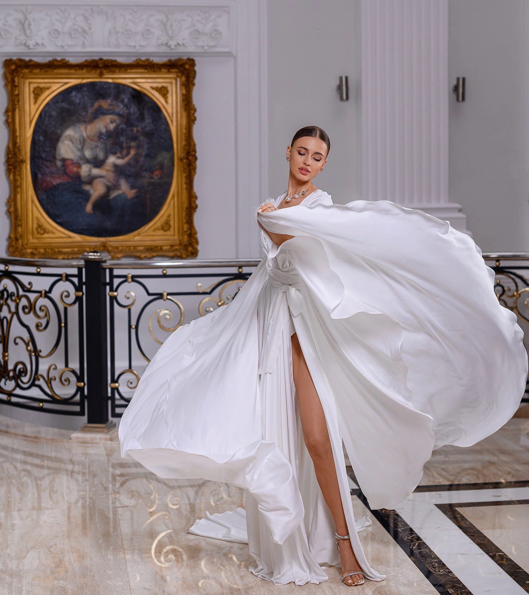 NAOMY Long Silk Bridal Robe with Train & Organza Flower