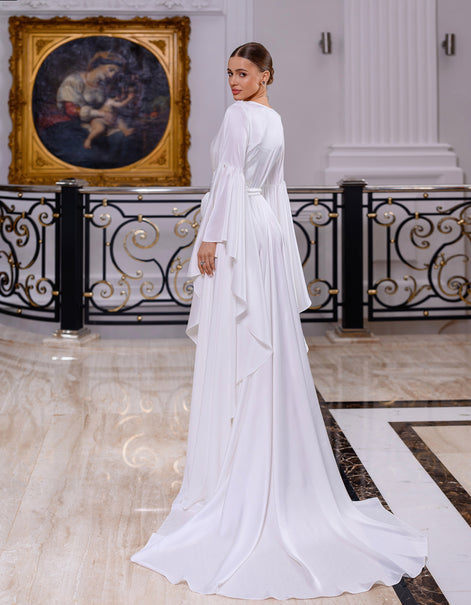 NAOMY Long Silk Bridal Robe with Train & Organza Flower
