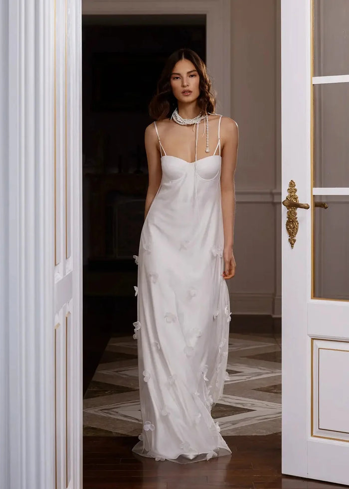ODETTE slip dress with tulle and 3D flowers