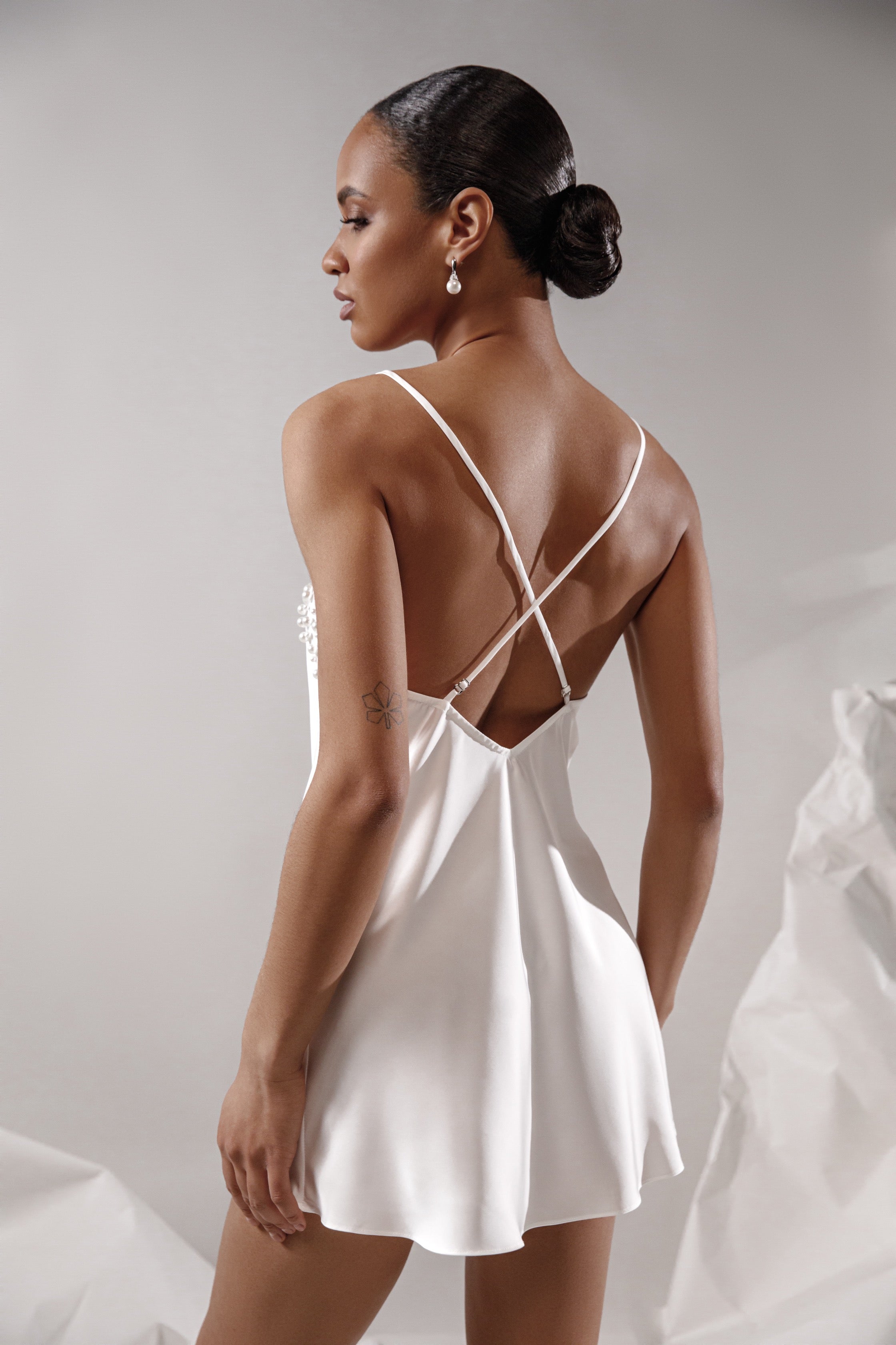 white silk dress with pearl straps White Silk Dress with Pearl Straps and Back