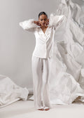 RACHEL White silk pajama set with pearls and feathers