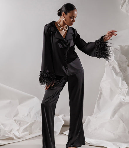 RACHEL Black silk pajama set with pearls and feathers