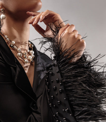 RACHEL Black silk pajama set with pearls and feathers