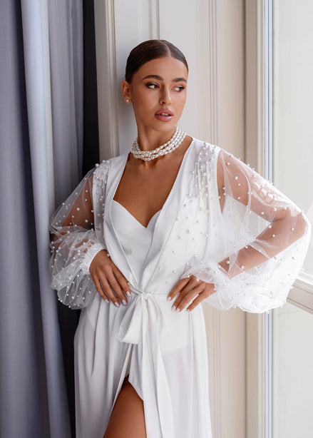 SANDY Bridal Silk Robe with Sheer Sleeves