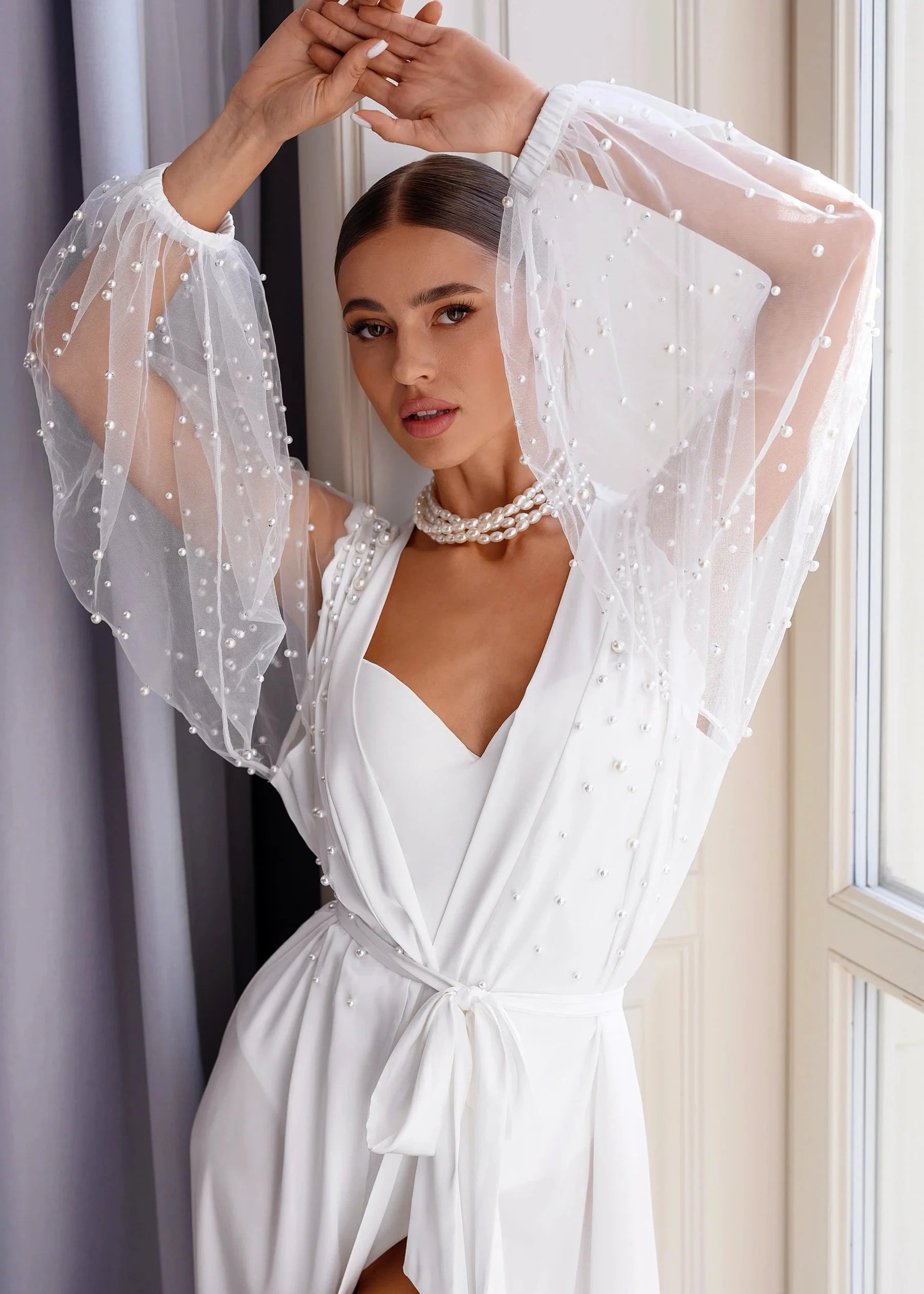 SANDY Bridal Silk Robe with Sheer Sleeves