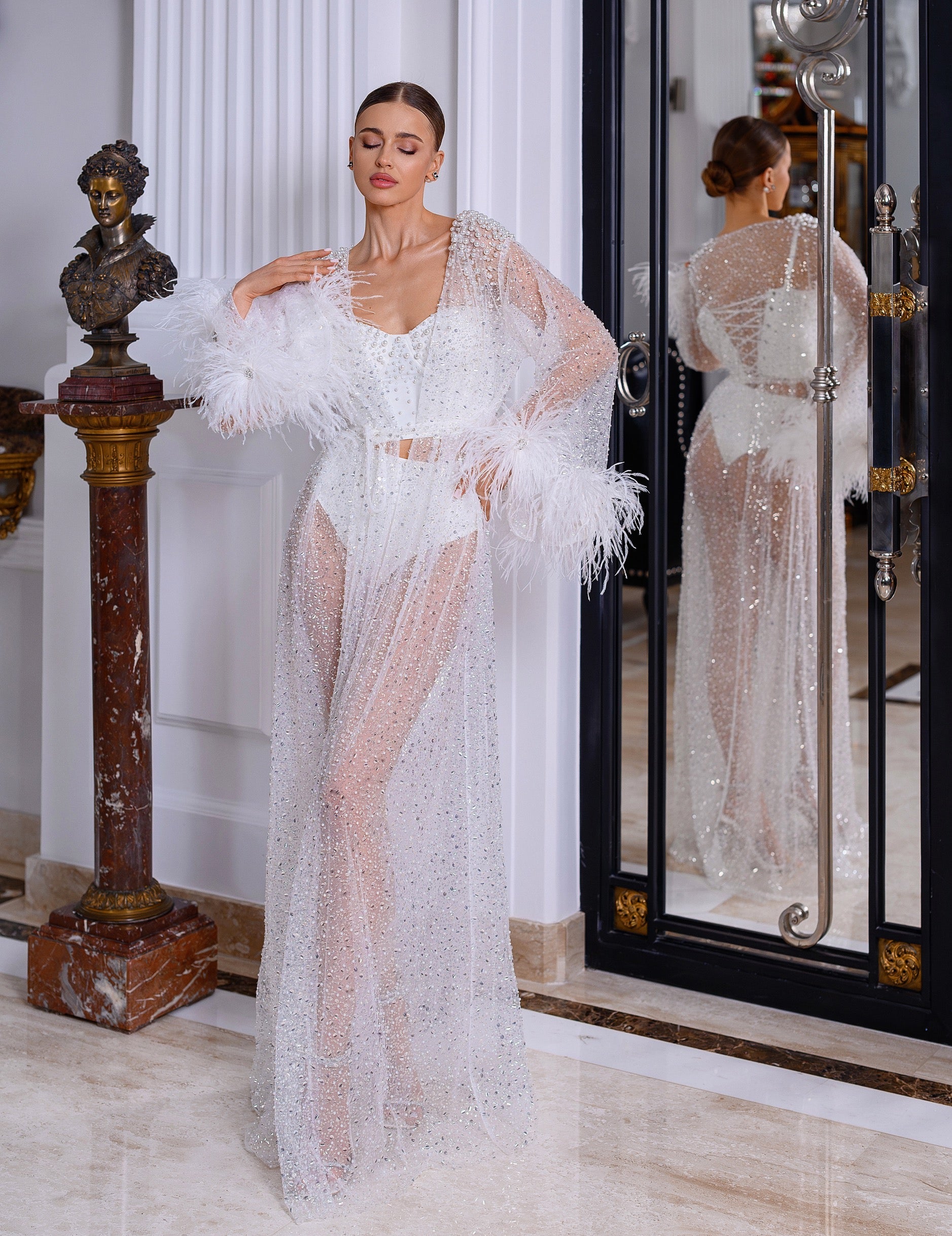 TIFFANY sheer robe with feathers, sequins and pearls
