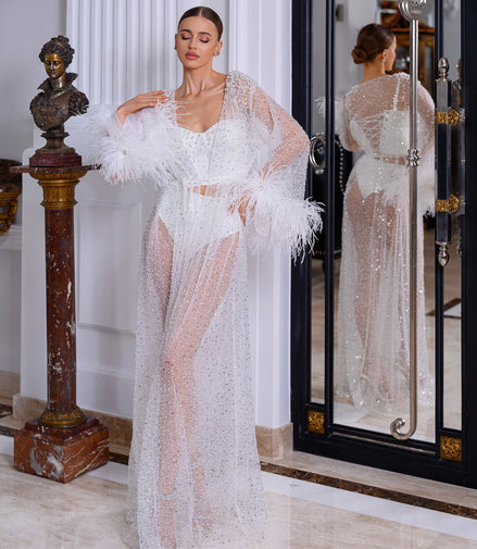 TIFFANY sheer robe with feathers, sequins and pearls