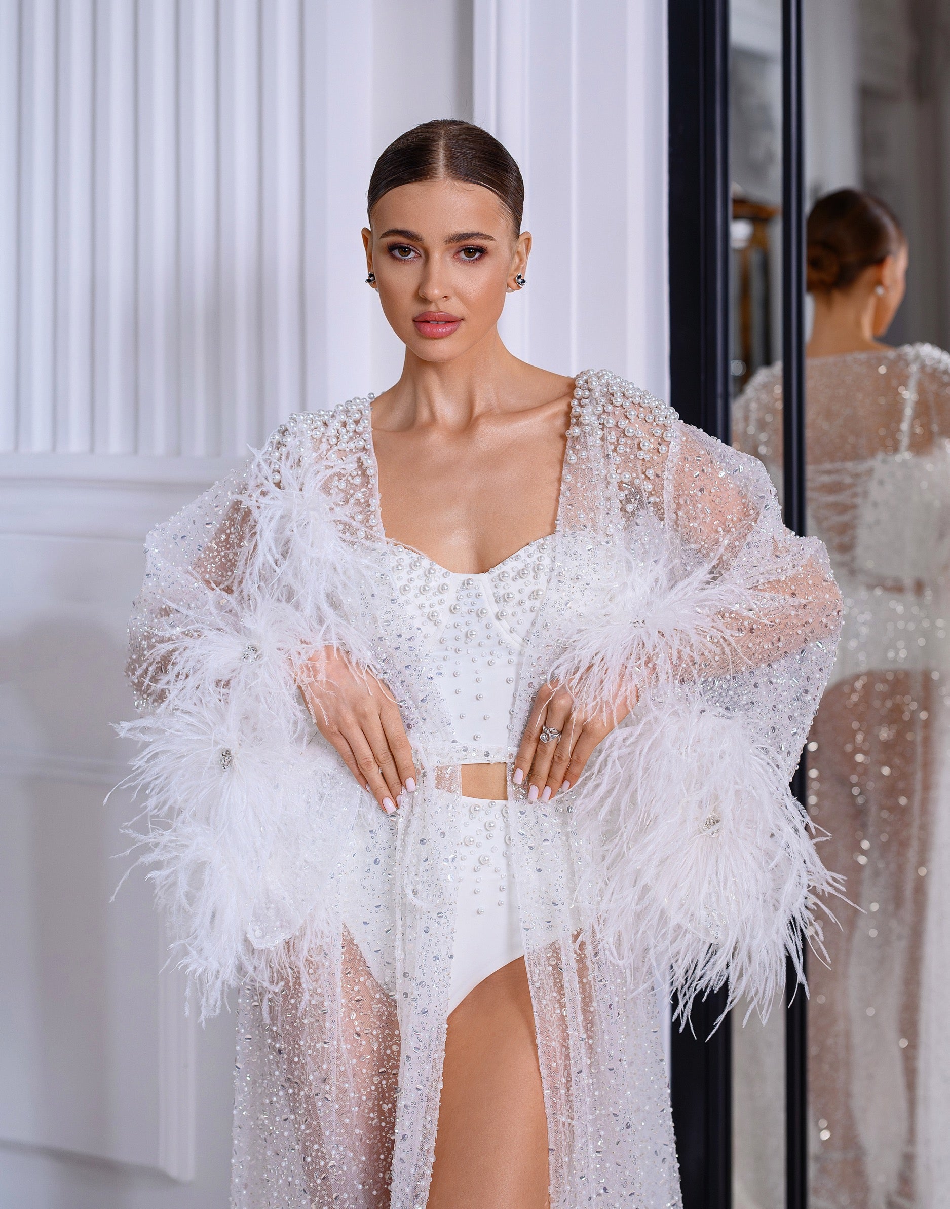 TIFFANY sheer robe with feathers, sequins and pearls