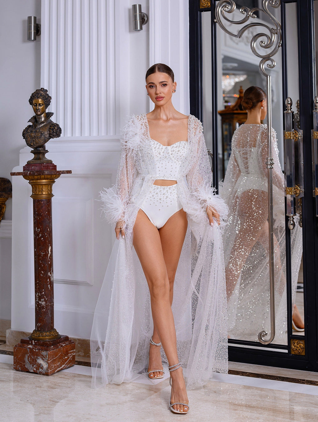 TIFFANY sheer robe with feathers, sequins and pearls