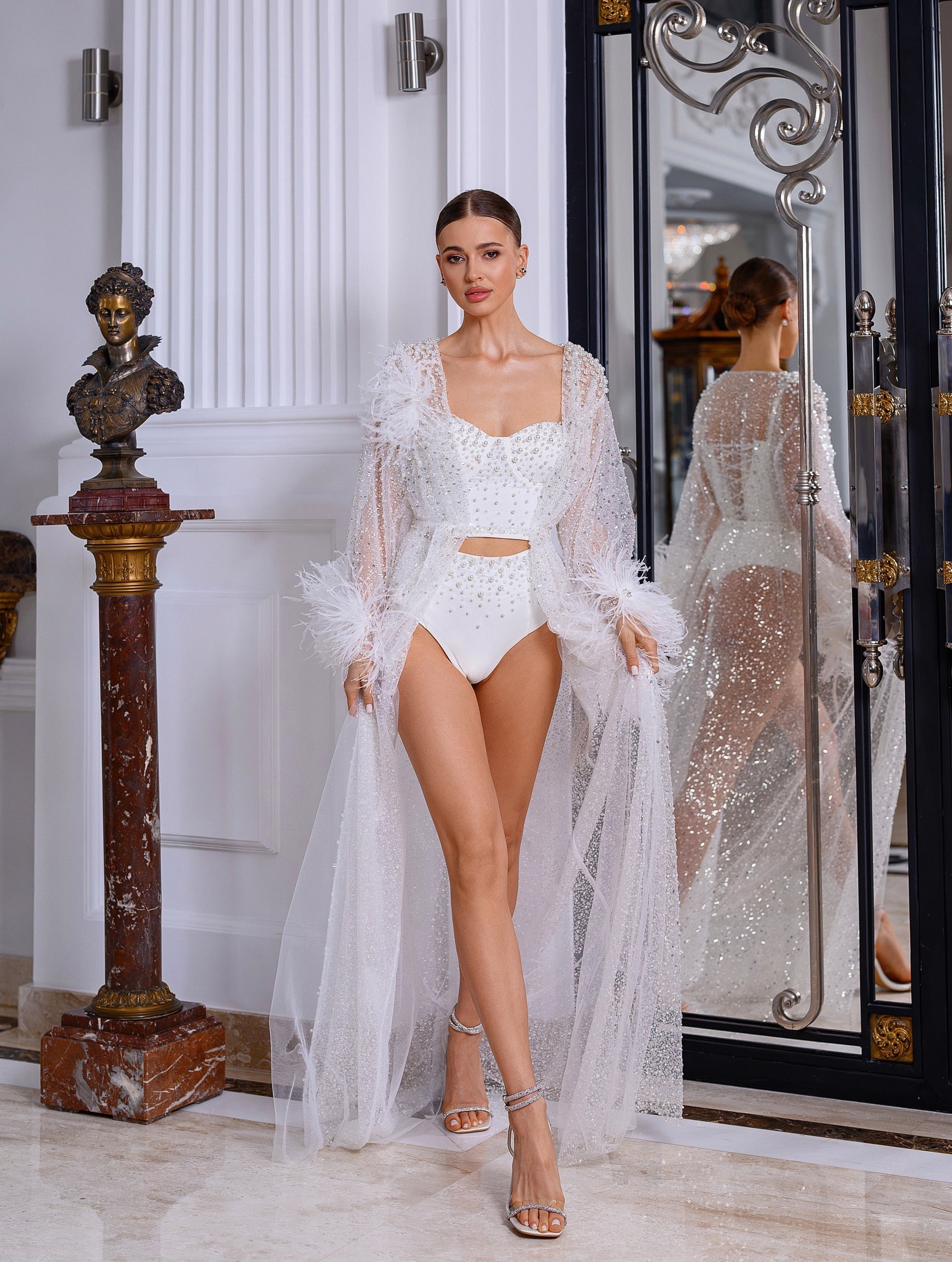 TIFFANY sheer robe with feathers, sequins and pearls