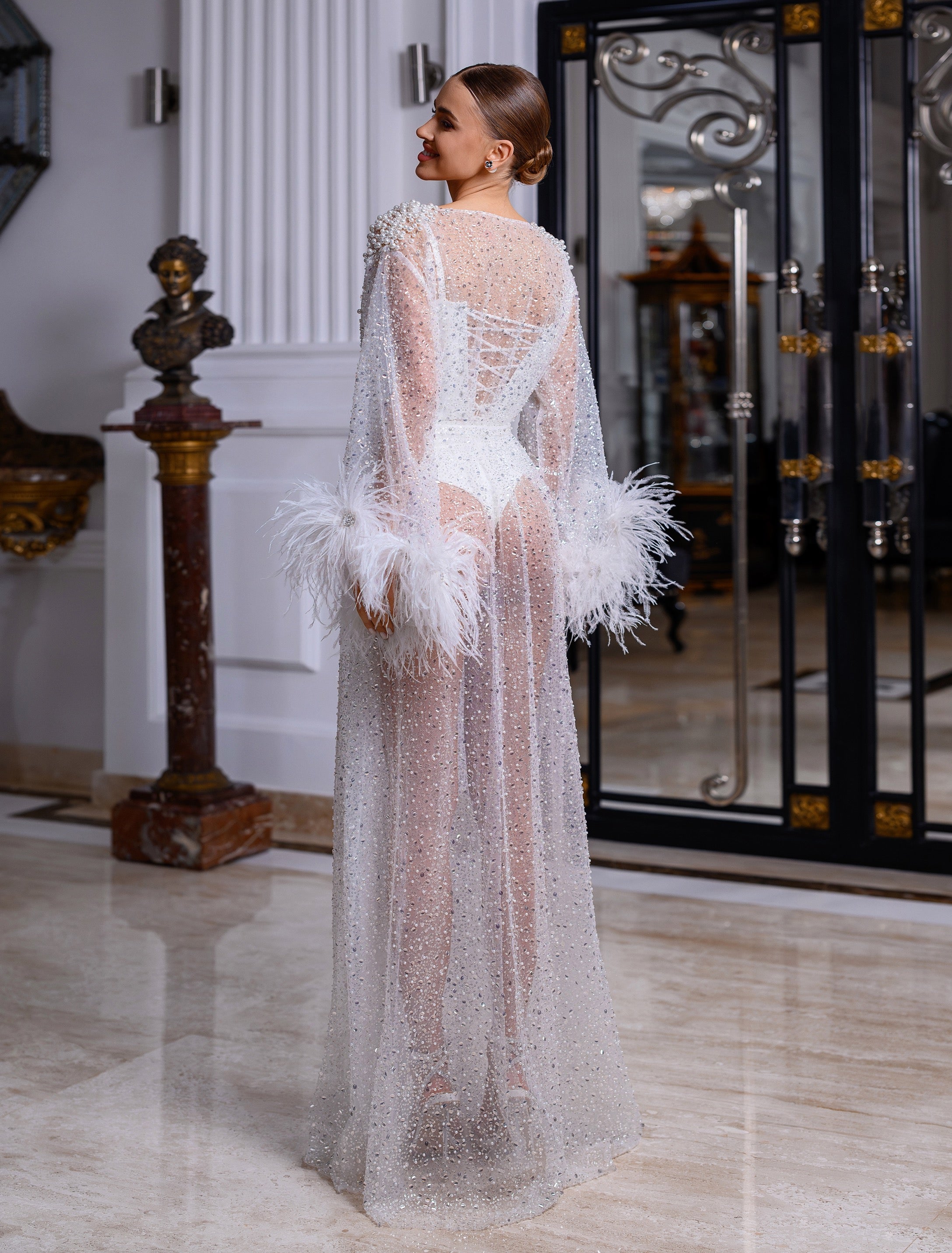 TIFFANY sheer robe with feathers, sequins and pearls