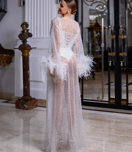 TIFFANY sheer robe with feathers, sequins and pearls