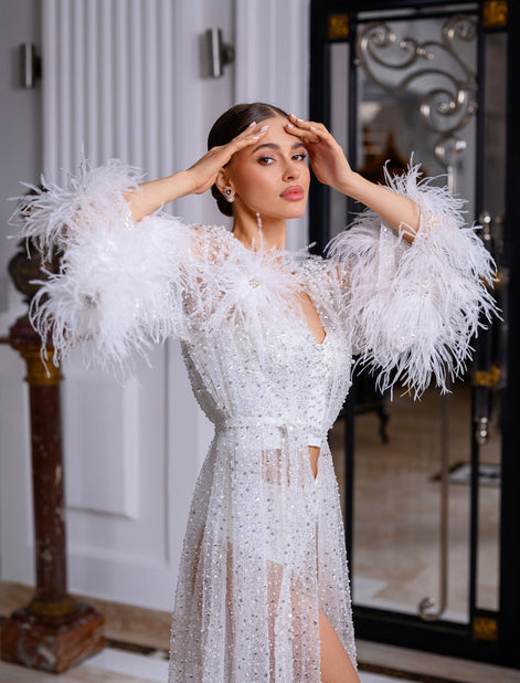 TIFFANY sheer robe with feathers, sequins and pearls
