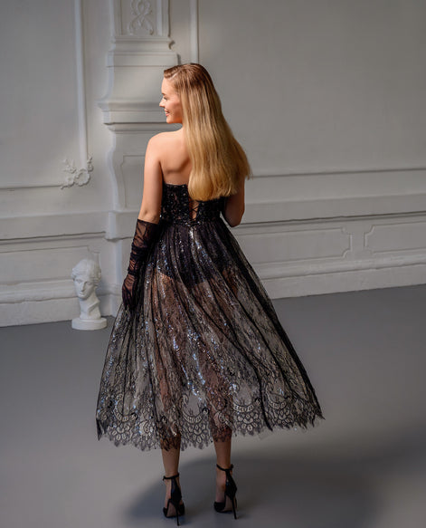 VERONA Black Chantilly Lace Midi Dress with Hand-Embroidered Corset