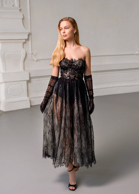 VERONA Black Chantilly Lace Midi Dress with Hand-Embroidered Corset
