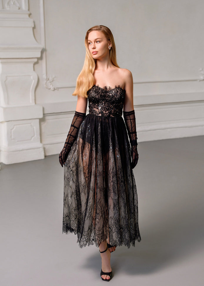 VERONA Black Chantilly Lace Midi Dress with Hand-Embroidered Corset