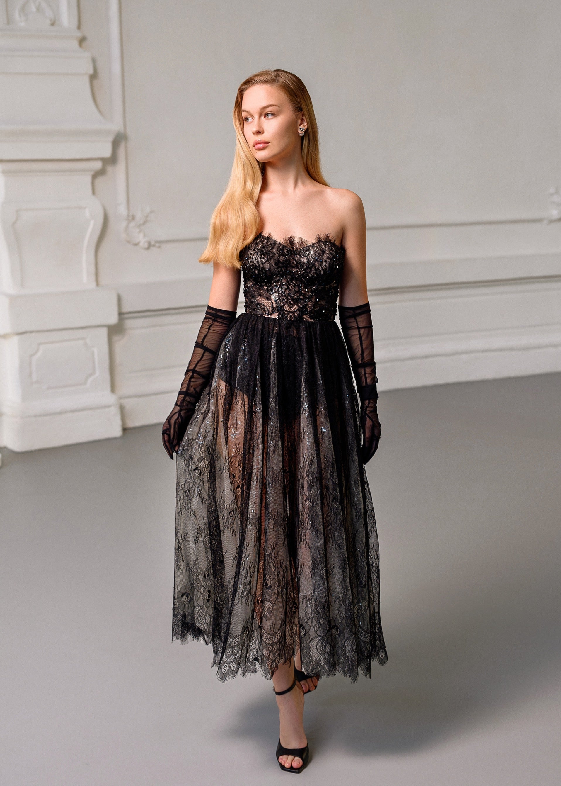 VERONA Black Chantilly Lace Midi Dress with Hand-Embroidered Corset