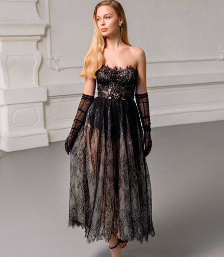 VERONA Black Chantilly Lace Midi Dress with Hand-Embroidered Corset