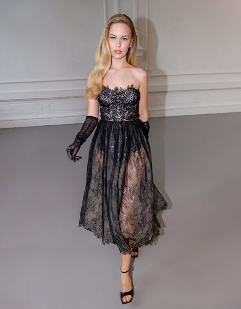VERONA Black Chantilly Lace Midi Dress with Hand-Embroidered Corset
