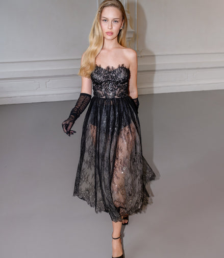 VERONA Black Chantilly Lace Midi Dress with Hand-Embroidered Corset