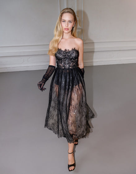 VERONA Black Chantilly Lace Midi Dress with Hand-Embroidered Corset