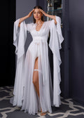 VICKY Long Chiffon Bridal Robe with Train & Feather Flower