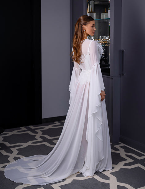 VICKY Long Chiffon Bridal Robe with Train & Feather Flower
