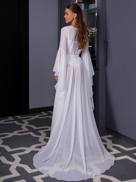 VICKY Long Chiffon Bridal Robe with Train & Feather Flower