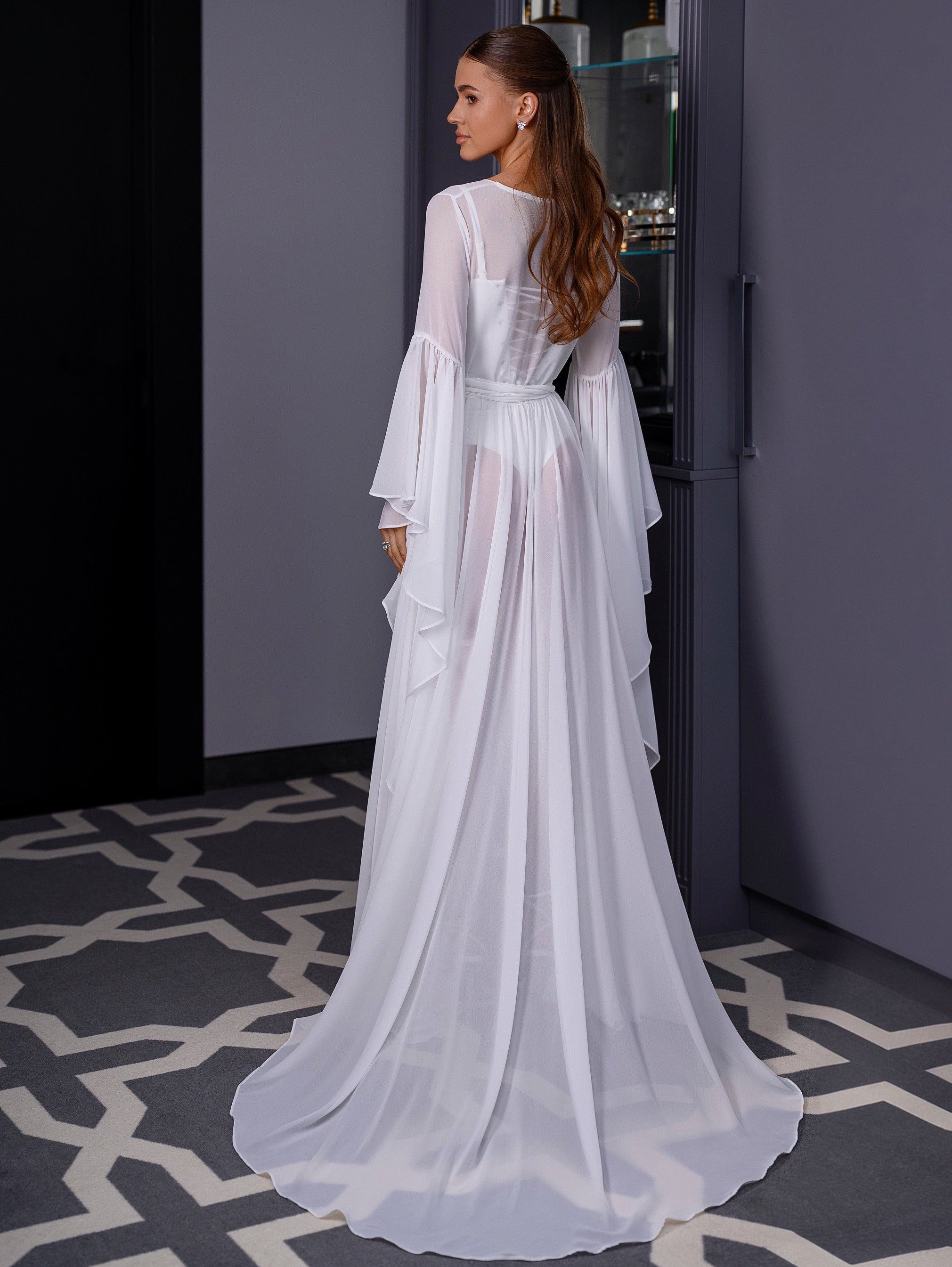 VICKY Long Chiffon Bridal Robe with Train & Feather Flower