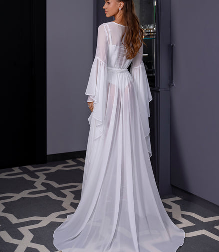 VICKY Long Chiffon Bridal Robe with Train & Feather Flower