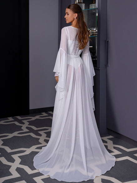 VICKY Long Chiffon Bridal Robe with Train & Feather Flower