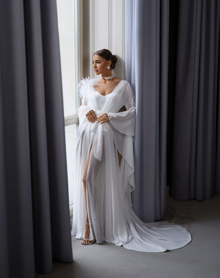 VICTORIA Bridal Silk Robe with Feather Accent and Train