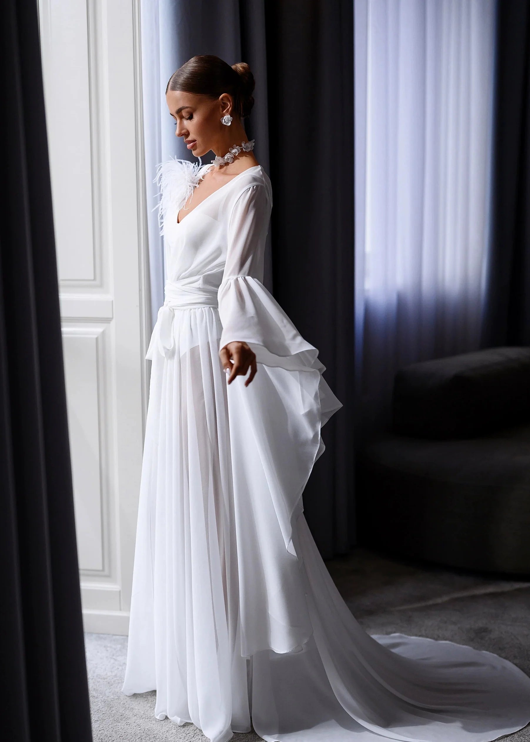 VICTORIA Bridal Robe with Feather Accent and Train