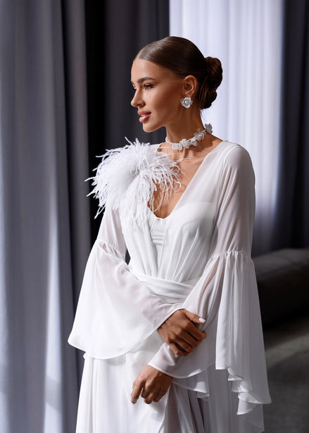 VICTORIA Bridal Silk Robe with Feather Accent and Train