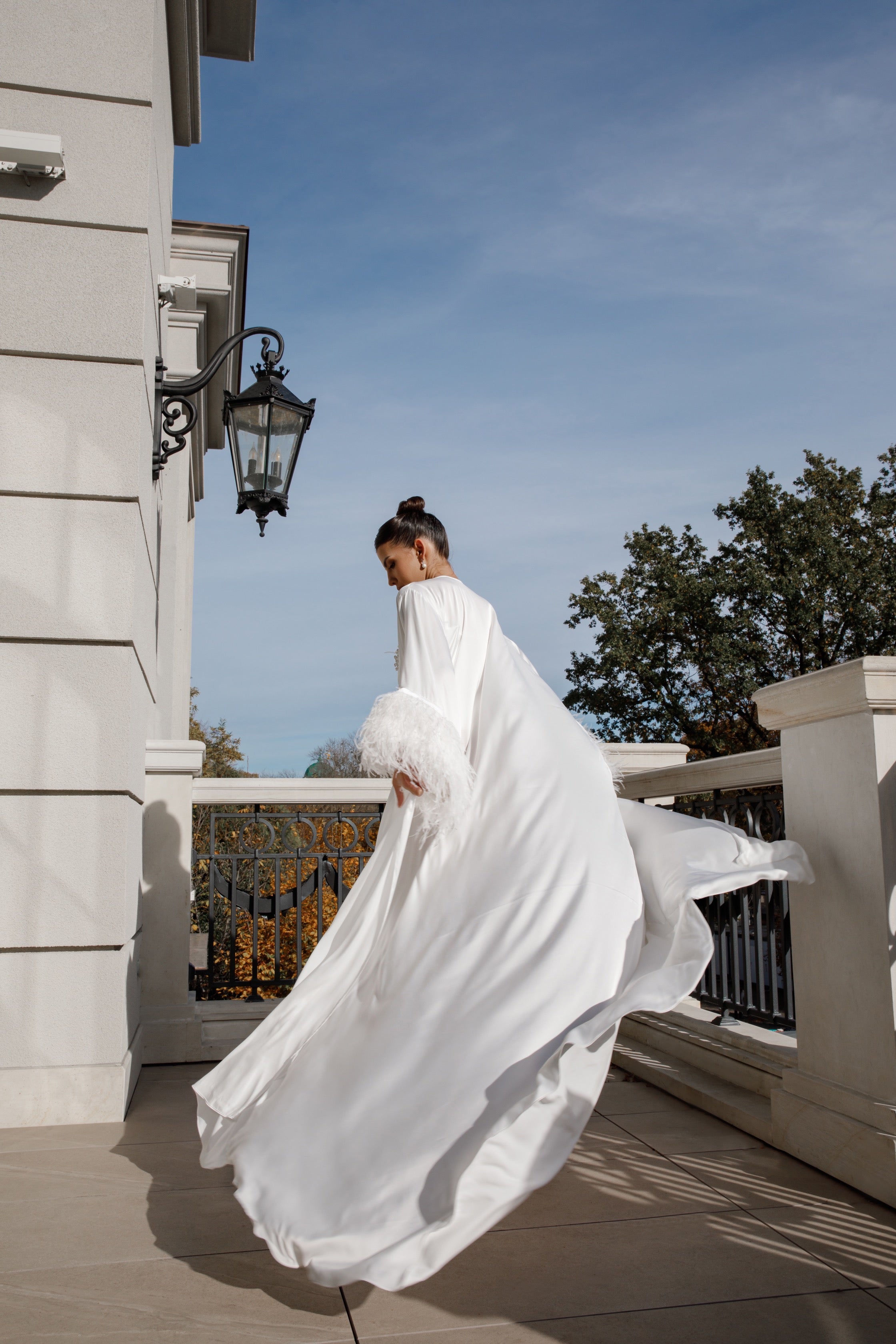 WATER LILY SILK Sheer Silk Chiffon Robe with Ostrich Feather Sleeves & Train