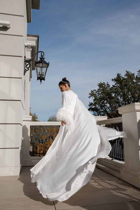 WATER LILY SILK Sheer Silk Chiffon Robe with Ostrich Feather Sleeves & Train
