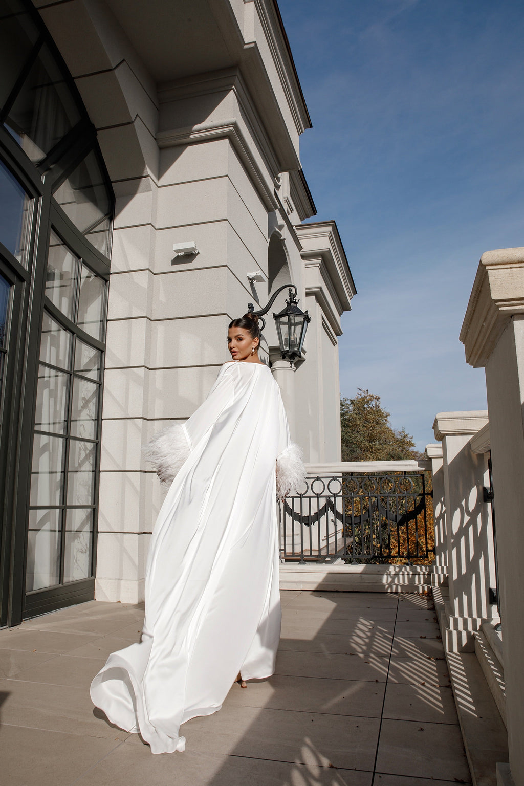 WATER LILY SILK Sheer Silk Chiffon Robe with Ostrich Feather Sleeves & Train