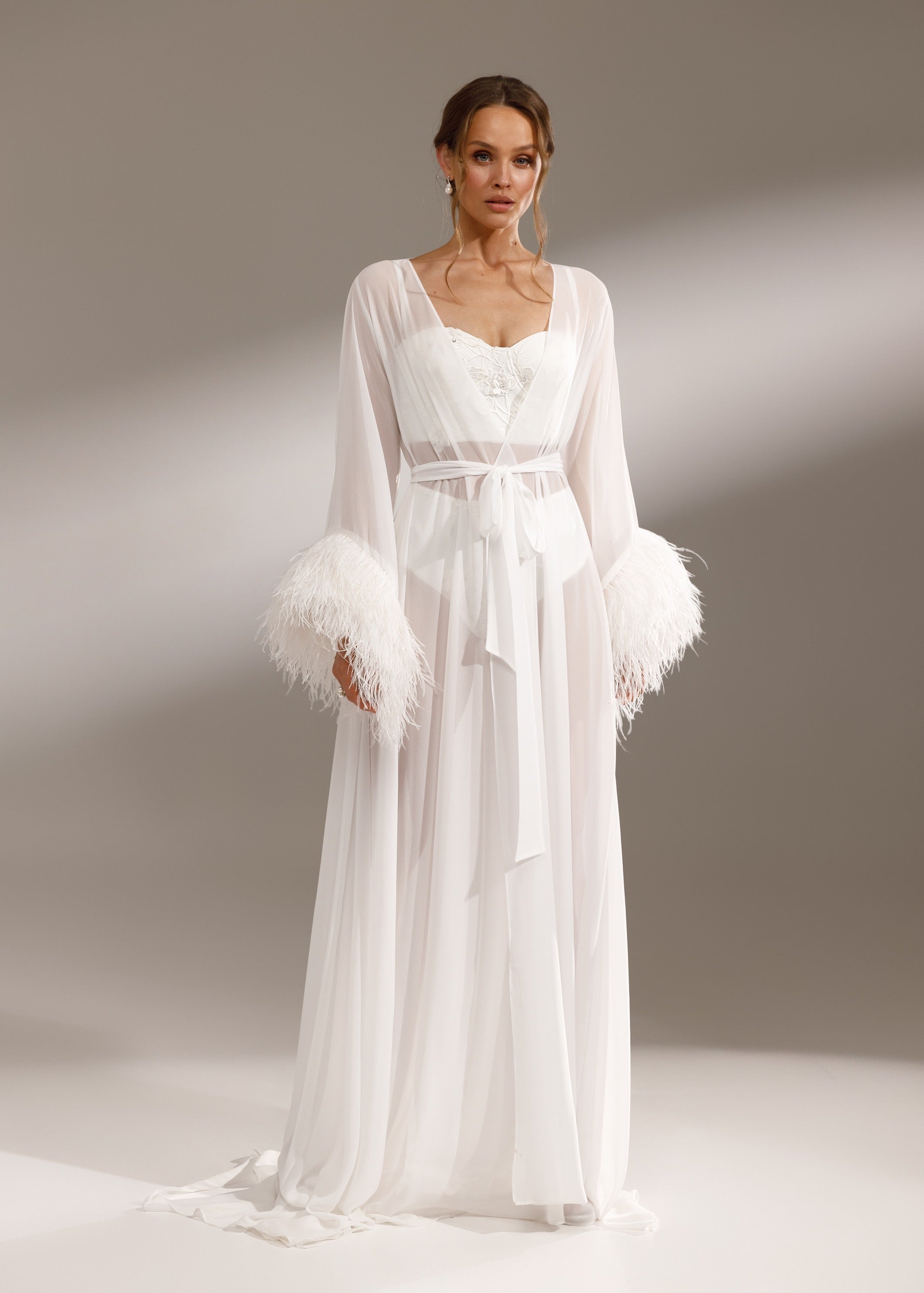 WATER LILY Sheer Chiffon Robe with Ostrich Feather Sleeves